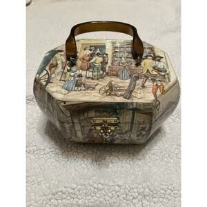 Wood Box Purse Lined With Mirror Bakelite Handle Vintage Colonial